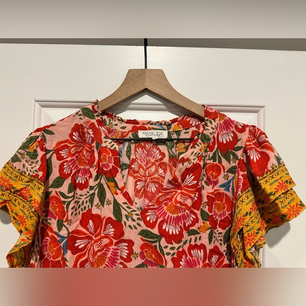 Rachel Zoe Red Floral V-Neck Flutter Sleeve Blouse - Picture 3 of 5